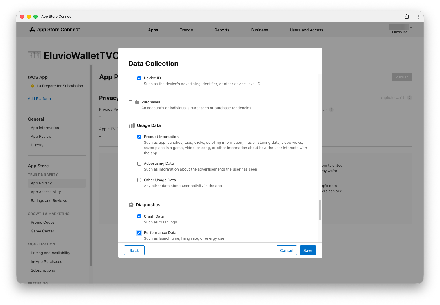 The Data Collection dialog, with Device ID, Product Interaction, Crash Data and Performance Data ticked