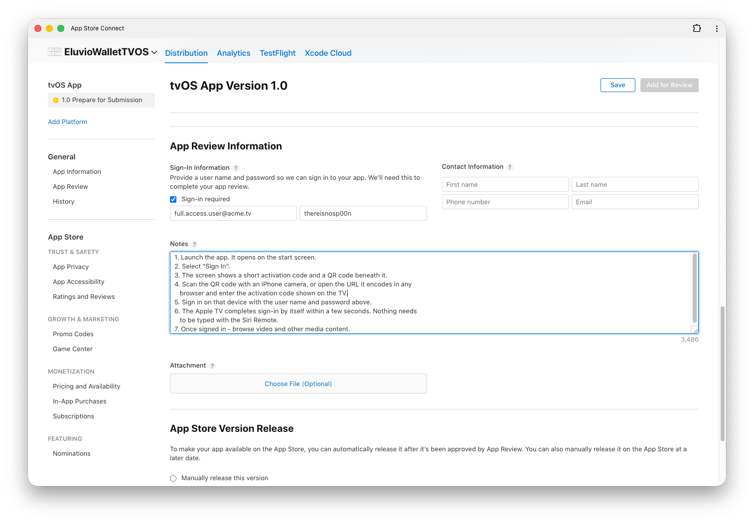 App Review Information on the version page, with Sign-in required checked