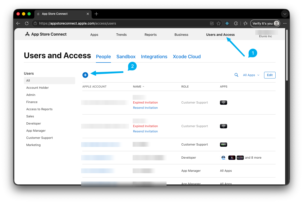 Users and Access, with the nav item and the add-user button marked