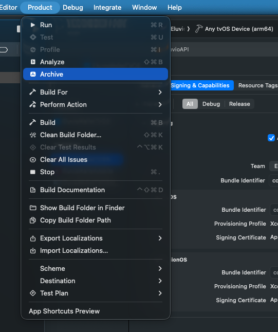 Product menu with Archive selected