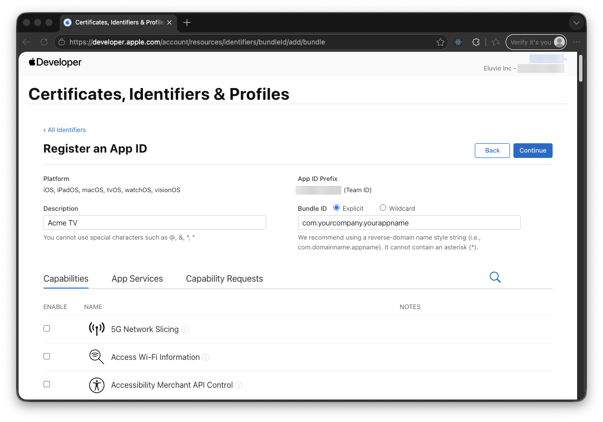Register an App ID, with Description and an explicit Bundle ID filled in