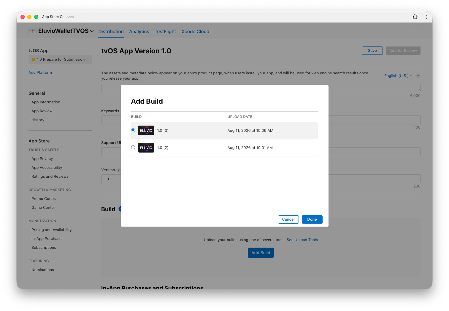 The Add Build dialog listing the uploaded builds