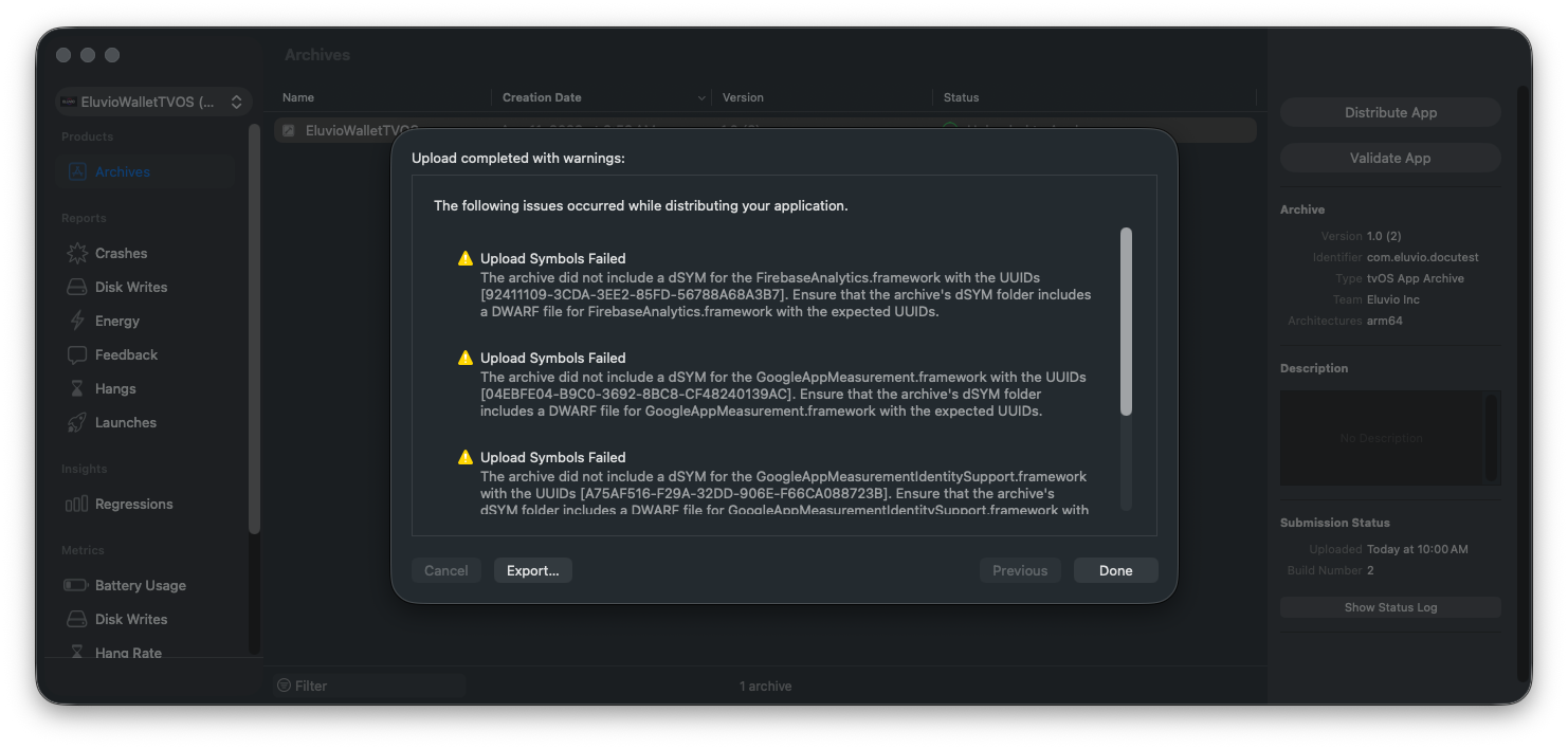 The upload-completed sheet, listing Upload Symbols Failed warnings