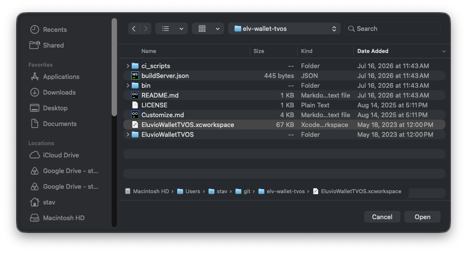 Choosing EluvioWalletTVOS.xcworkspace at the root of the cloned repository